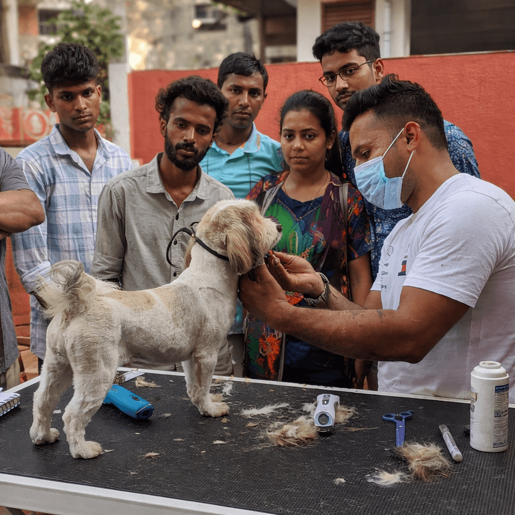 Professional pet grooming mentorship at IPPC Bangalore with students observing expert styling techniques by Prateek.